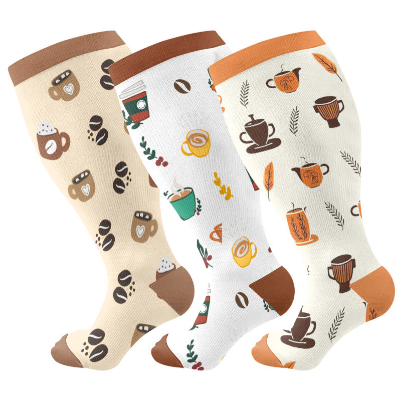 Plus Size Coffee Series Compression Socks(3 Pairs) - Multicolor - 4XL - image 1