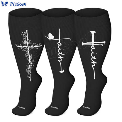 Plus Size Cross Flower Compression Socks(3 Pairs) - image 1