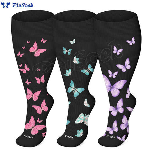 Plus Size  Butterfly Print Compression Socks(3 Pairs) - image 0