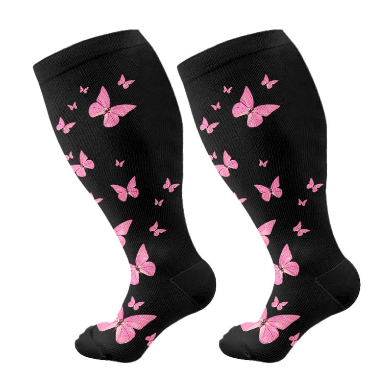 Plus Size  Butterfly Print Compression Socks(3 Pairs) - Pink(1 Pair) - 4XL - image 7