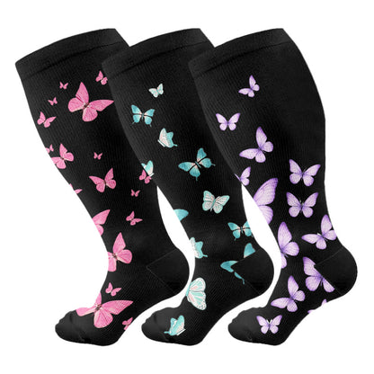 Plus Size  Butterfly Print Compression Socks(3 Pairs) - Multicolor - 4XL - image 1