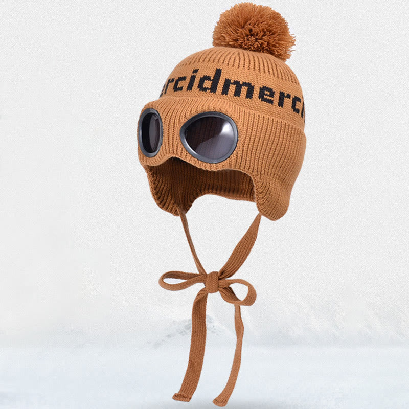 Windproof Warm Beanie With Goggles - Brown - One Size - image 10