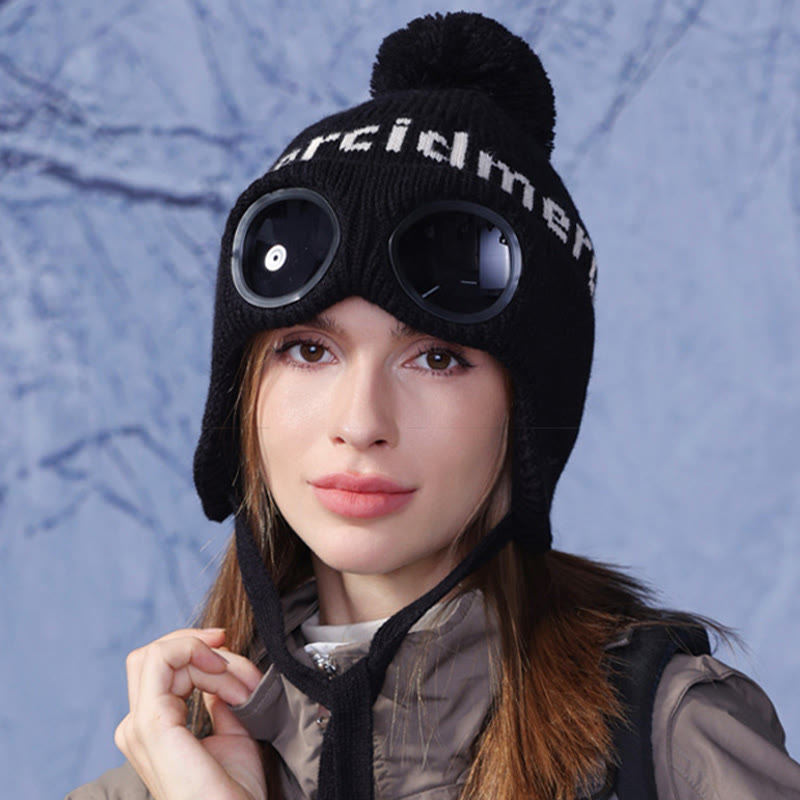 Windproof Warm Beanie With Goggles - Black - One Size - image 3