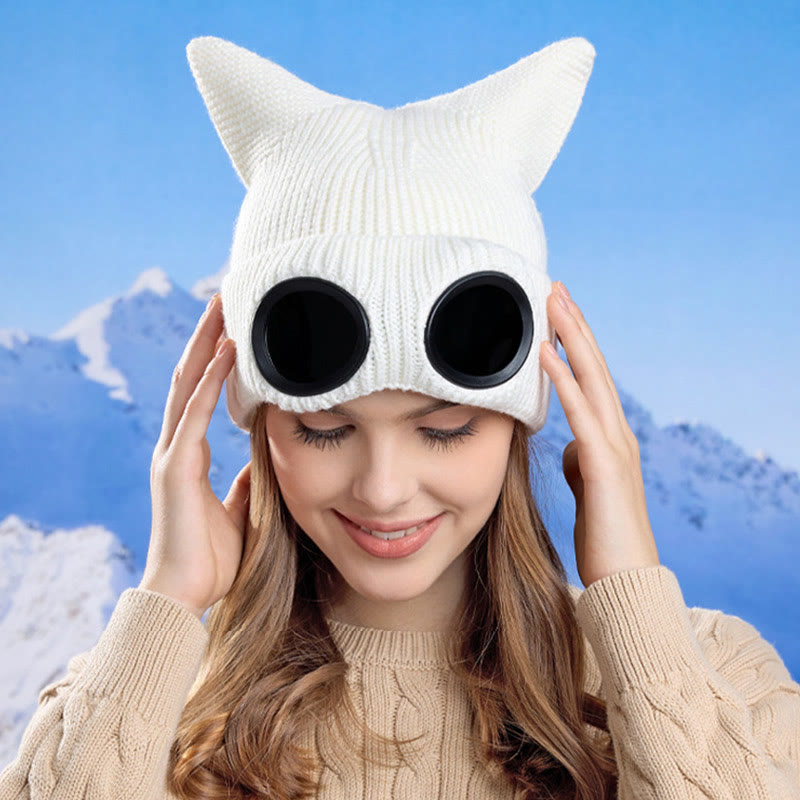 Knit Cat Ears Beanie With Goggles - image 6