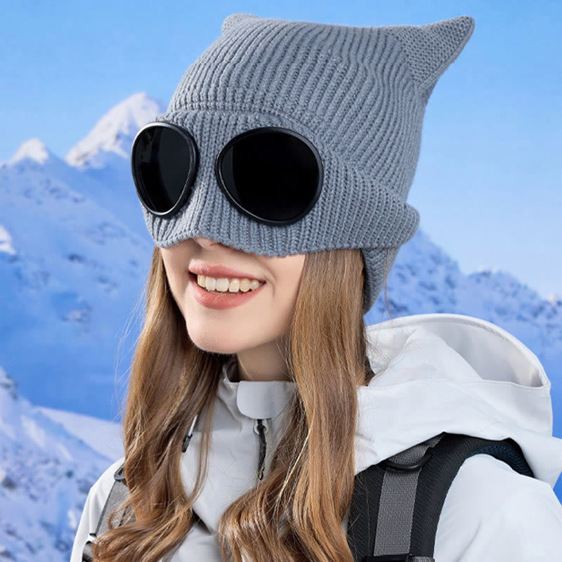 Knit Cat Ears Beanie With Goggles - image 4