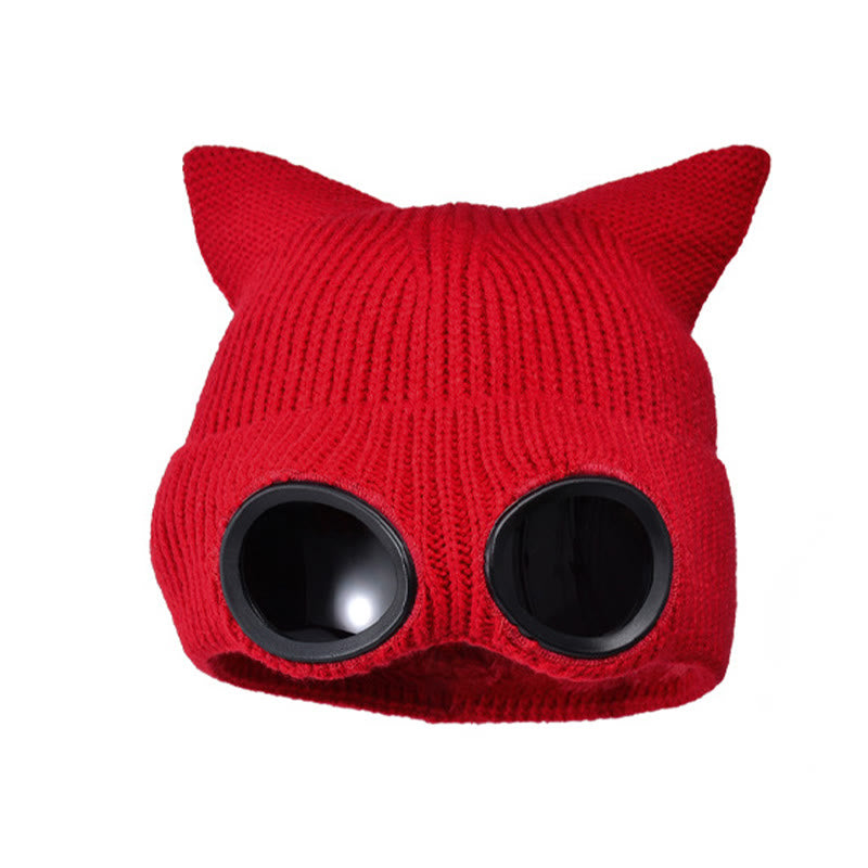 Knit Cat Ears Beanie With Goggles - Red - One Size - image 14