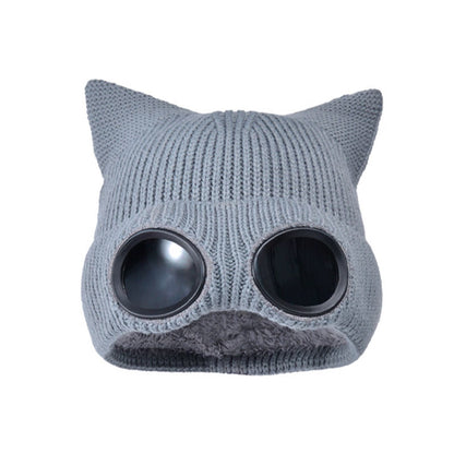Knit Cat Ears Beanie With Goggles - Grey - One Size - image 16