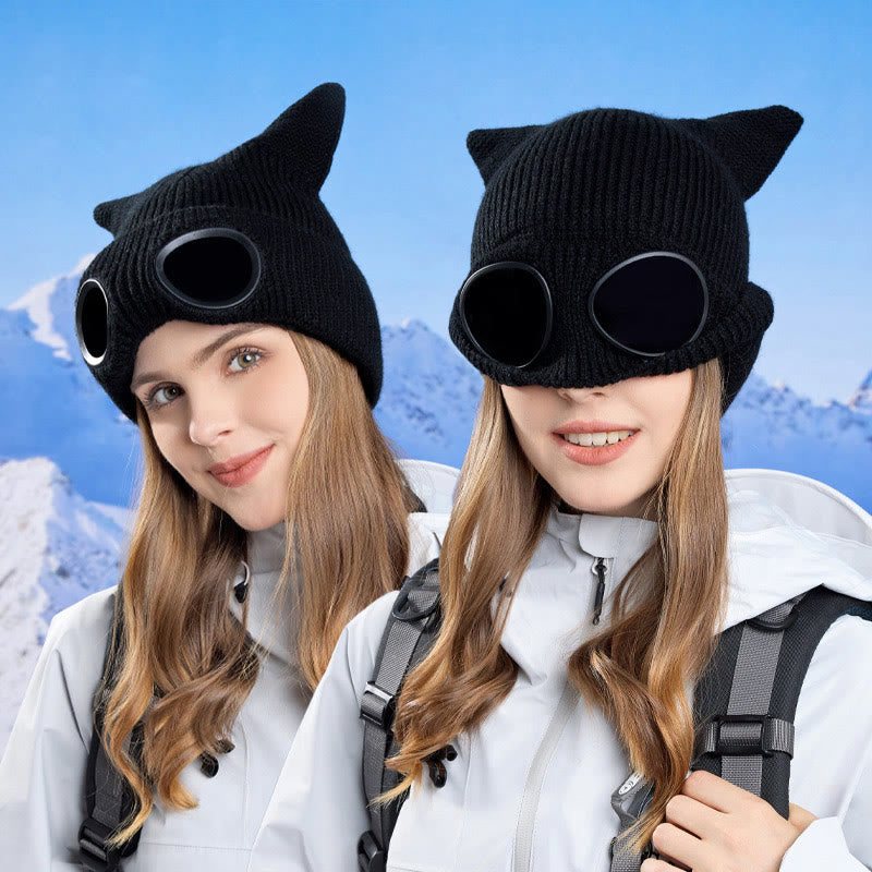 Knit Cat Ears Beanie With Goggles - image 0