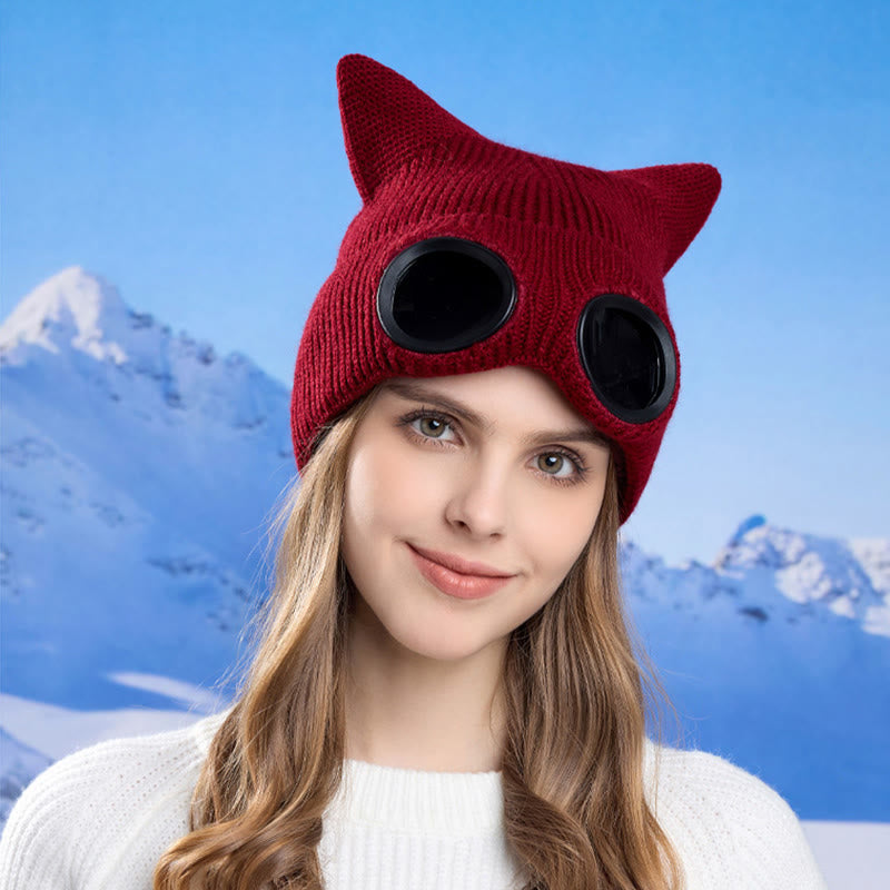 Knit Cat Ears Beanie With Goggles - image 11