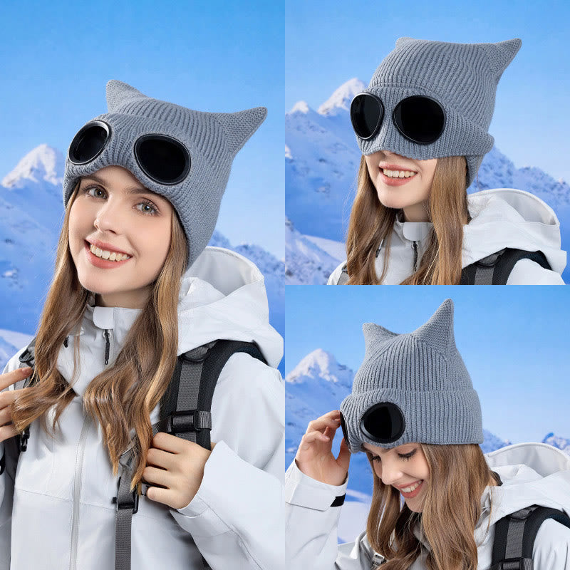 Knit Cat Ears Beanie With Goggles - image 12