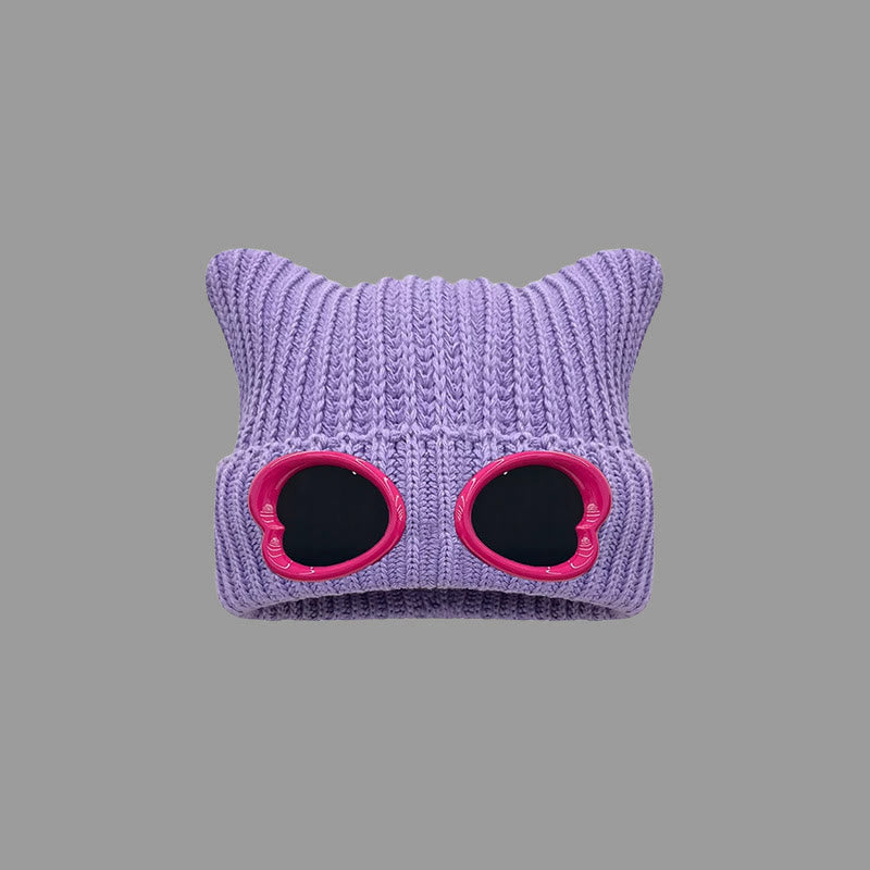 Eye Catching Design Beanie With Goggles - Purple - One Size - image 8