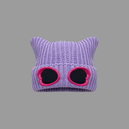 Eye Catching Design Beanie With Goggles - Purple - One Size - image 8