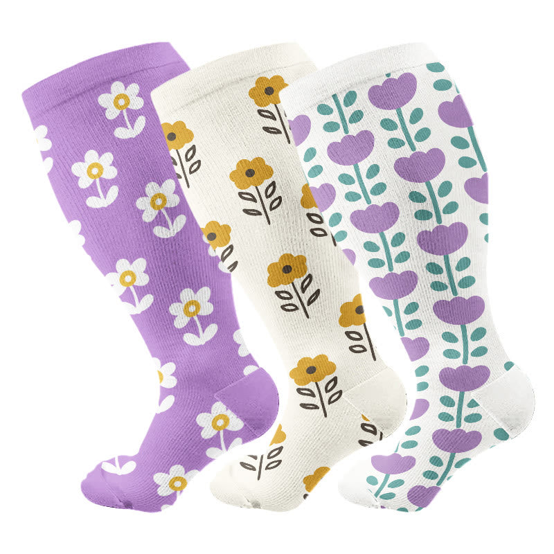 Plus Size Floral Trio Compression Socks(3 Pairs) - Multicolor - 4XL - image 8