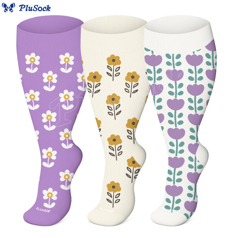 Plus Size Floral Trio Compression Socks(3 Pairs) - image 0