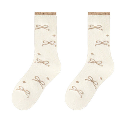 Warm Bow Tie Quarter Socks(5 Pairs) - Beige - EU36-40(US3-7) - image 11