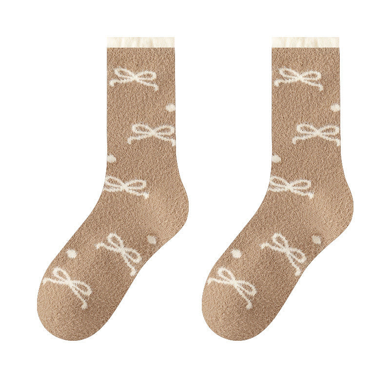 Warm Bow Tie Quarter Socks(5 Pairs) - Khaki - EU36-40(US3-7) - image 14