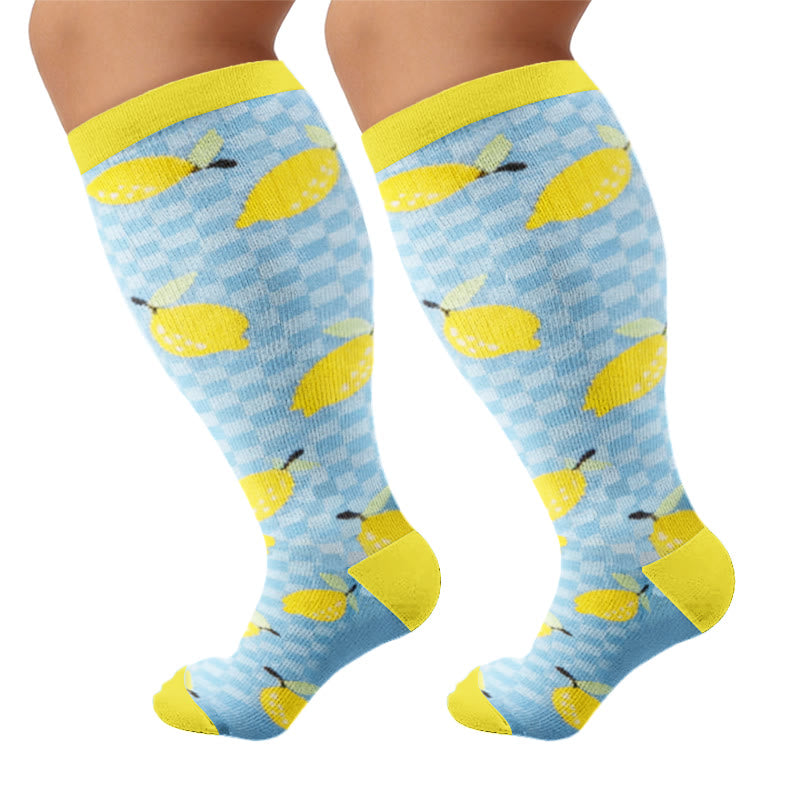 Plus Size Fruit Gingham Compression Socks - Blue(1 Pair) - 4XL - image 7