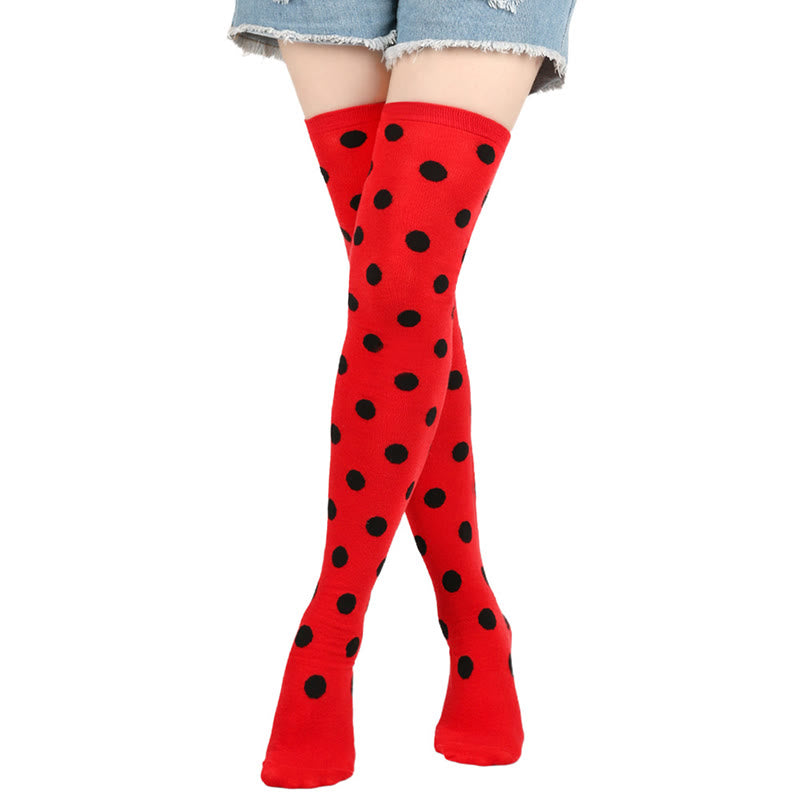 Funny Polka Dots Thigh Highs Socks(5 Pairs) - Red - One Size - image 3