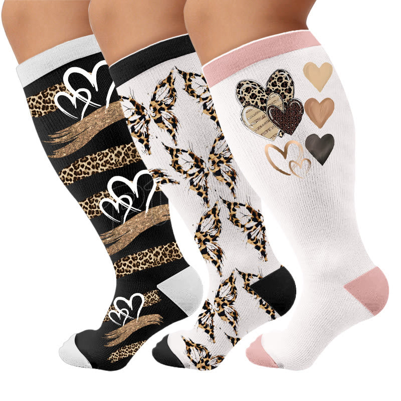 Plus Size Butterfly Leopard Knot Compression Socks - Multicolor(3 Pairs) - 4XL - image 1