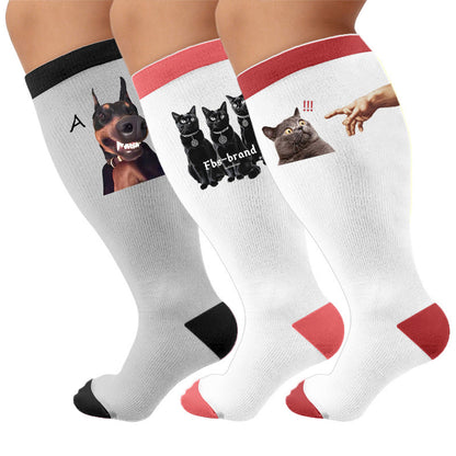 Plus Size Cat Dog Compression Socks - Multicolor(3 Pairs) - 4XL - image 1