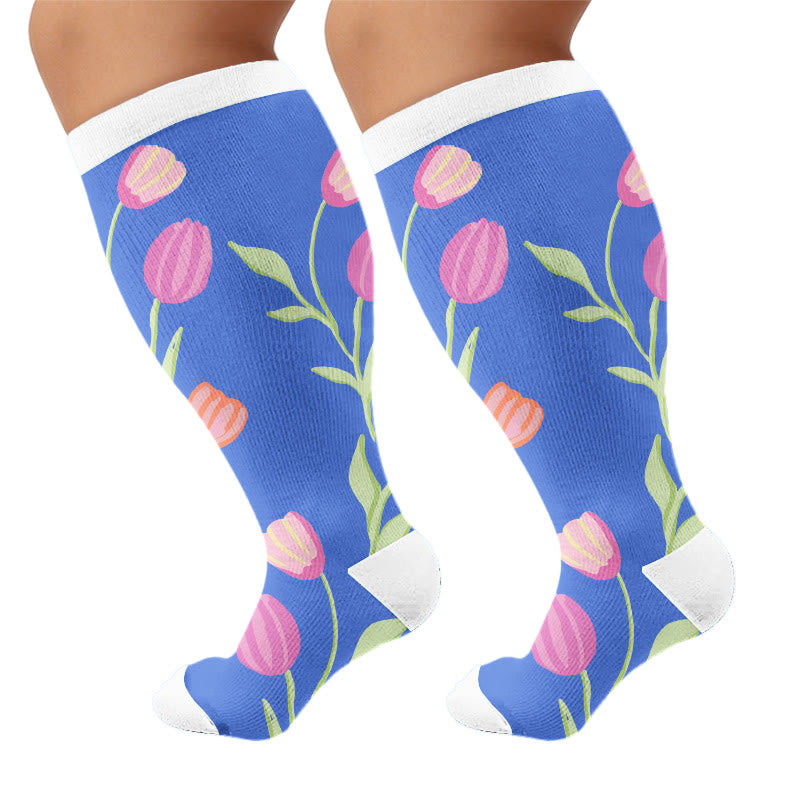 Plus Size Carnations Roses Compression Socks - Blue(1 Pair) - 4XL - image 5