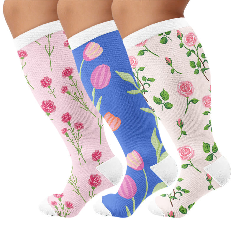 Plus Size Carnations Roses Compression Socks - Multicolor(3 Pairs) - 4XL - image 1