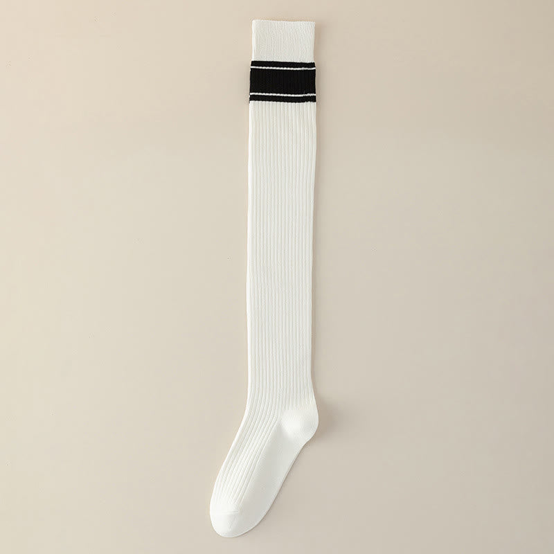Classic Double Stripe Thigh High Socks(2 Pairs) - White - EU36-40(US3-7) - image 11