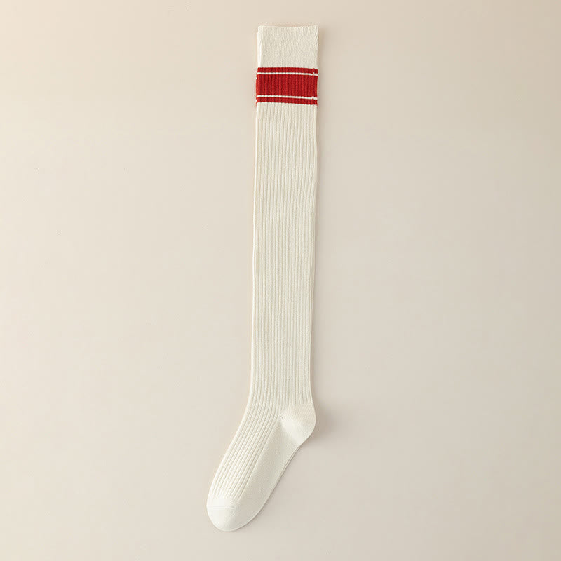 Classic Double Stripe Thigh High Socks(2 Pairs) - Beige - EU36-40(US3-7) - image 14