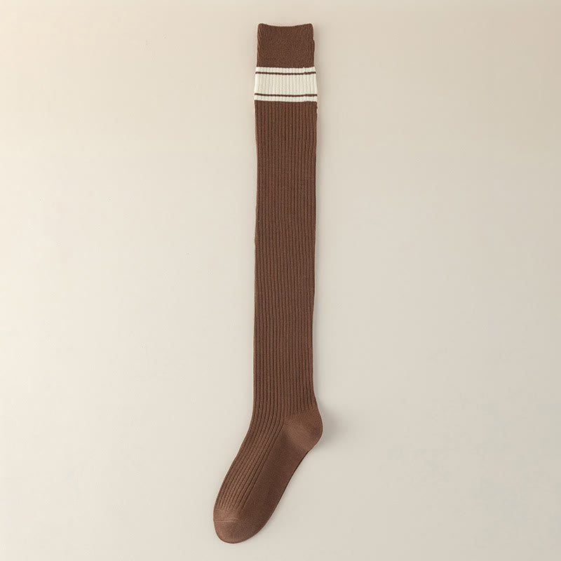 Classic Double Stripe Thigh High Socks(2 Pairs) - Coffee - EU36-40(US3-7) - image 12