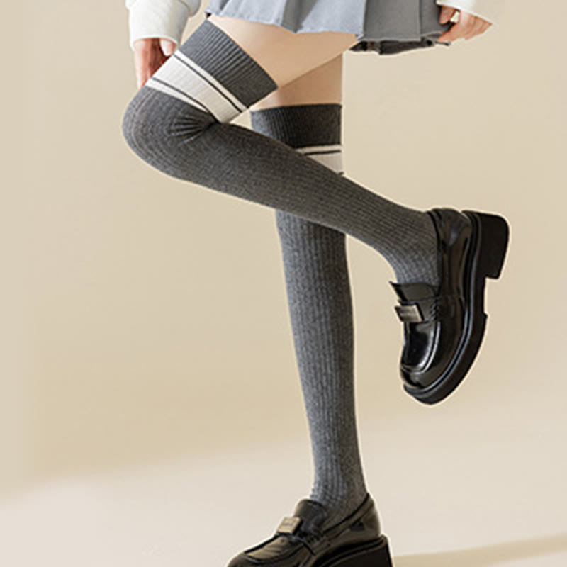 Classic Double Stripe Thigh High Socks(2 Pairs) - image 1