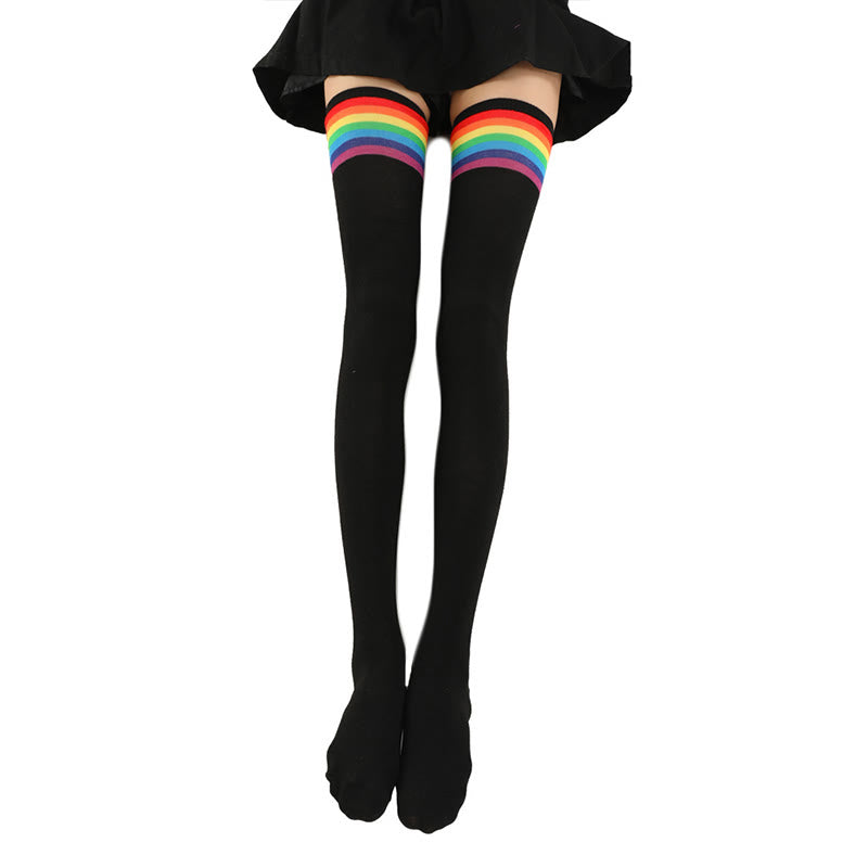 Rainbow Stripes Thigh High Socks(2 Pairs) - Black - One Size - image 1