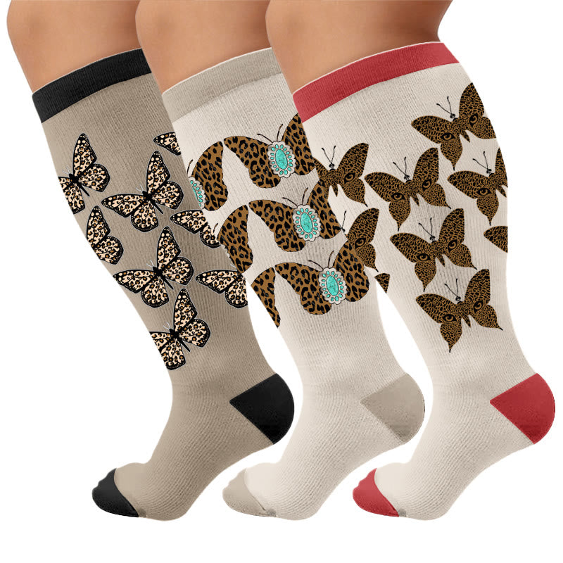 Plus Size Leopard Butterfly Compression Socks - Multicolor(3 Pairs) - 4XL - image 1