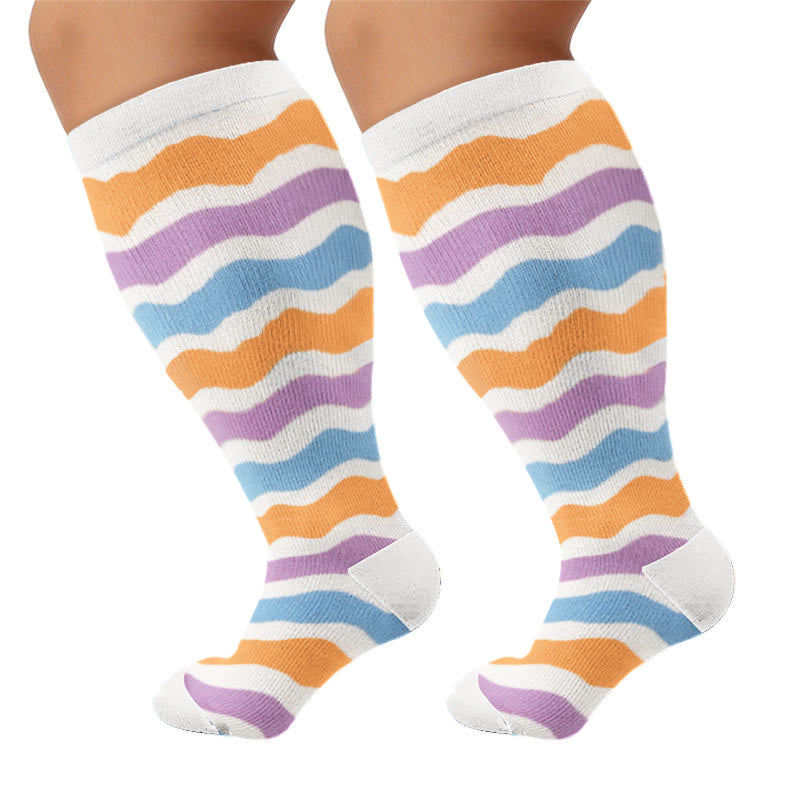 Plus Size Wavy Stripes Fruit Umbrella Compression Socks - Beige(1 Pair) - 4XL - image 5