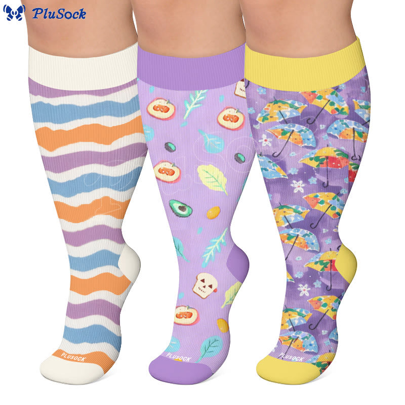Plus Size Wavy Stripes Fruit Umbrella Compression Socks - image 0