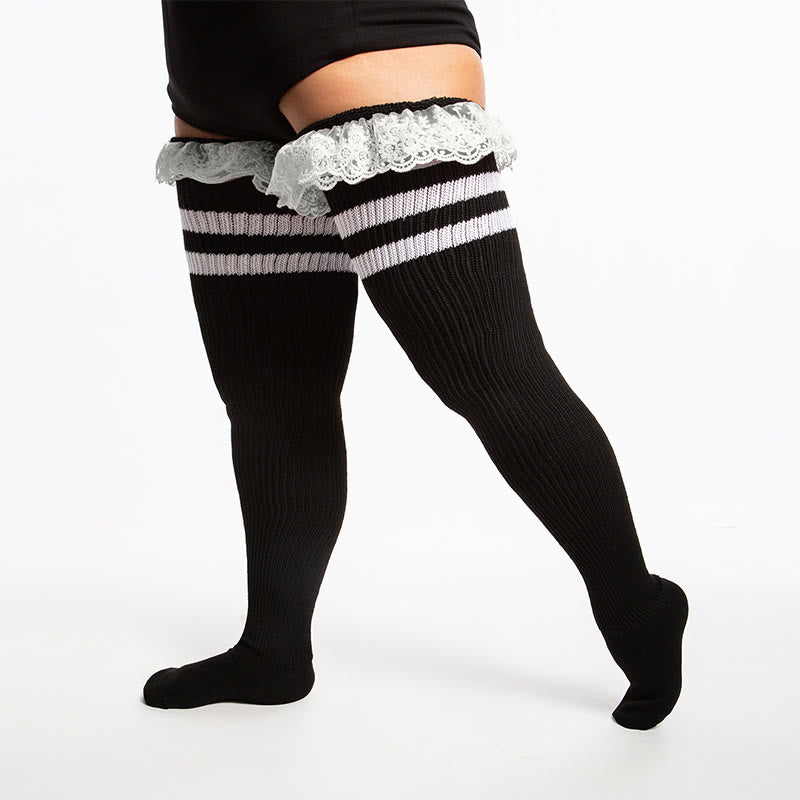 Plus Size Lace Stripes Thigh High Socks - White - One Size - image 5