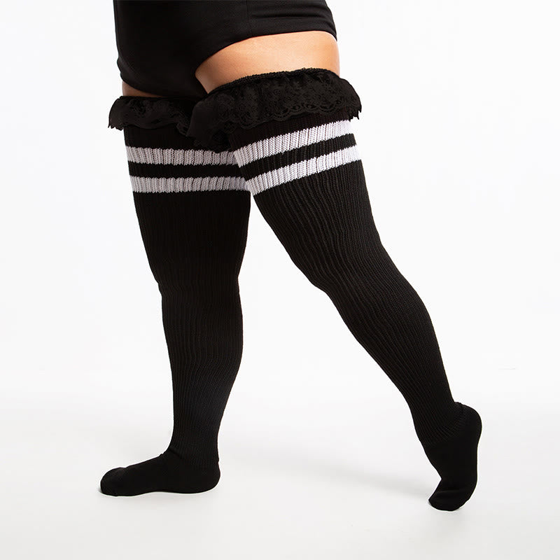 Plus Size Lace Stripes Thigh High Socks - Black - One Size - image 4