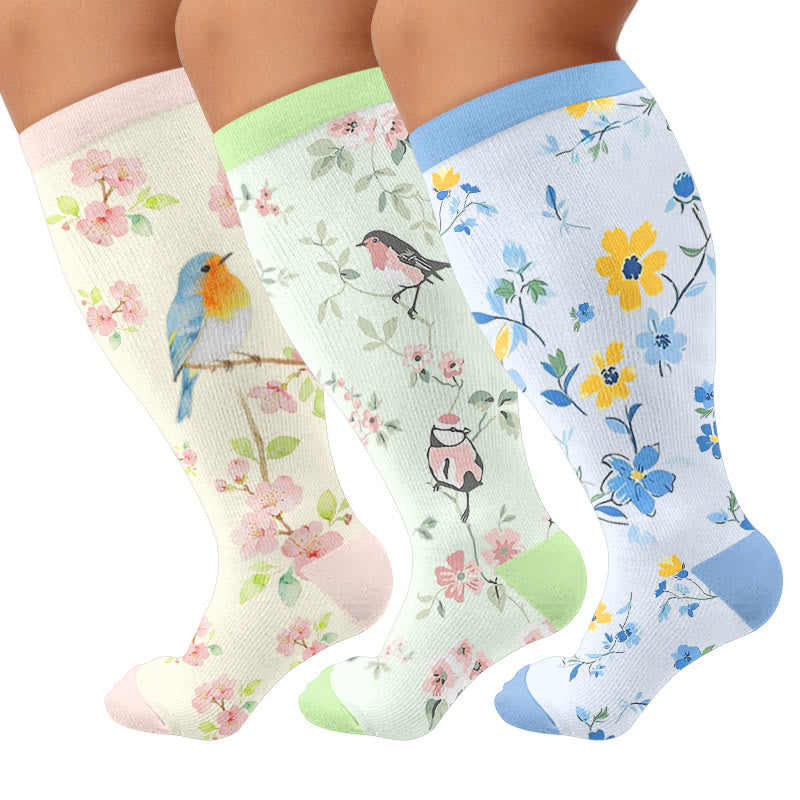 Plus Size Floral Bird Compression Socks - Multicolor(3 Pairs) - 4XL - image 1