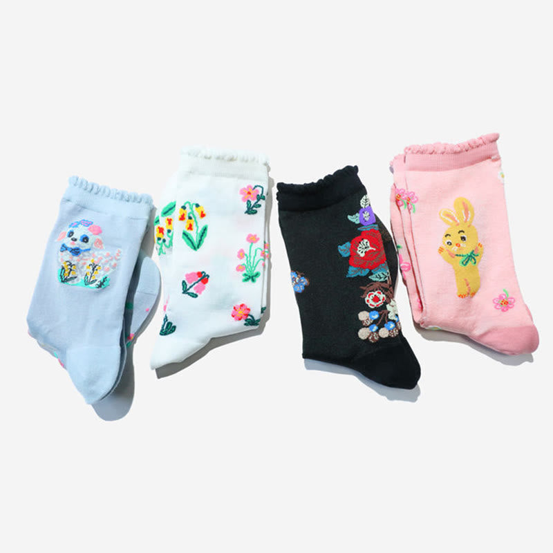 Retro Floral Animal Quarter Socks(2 Pairs) - image 1