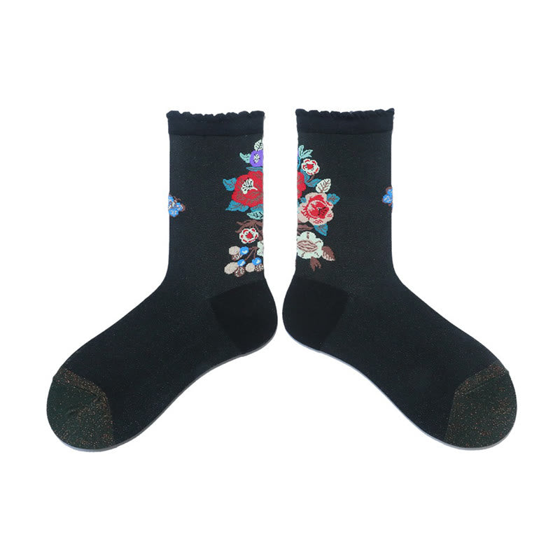 Retro Floral Animal Quarter Socks(2 Pairs) - Black - EU36-40(US3-7) - image 5