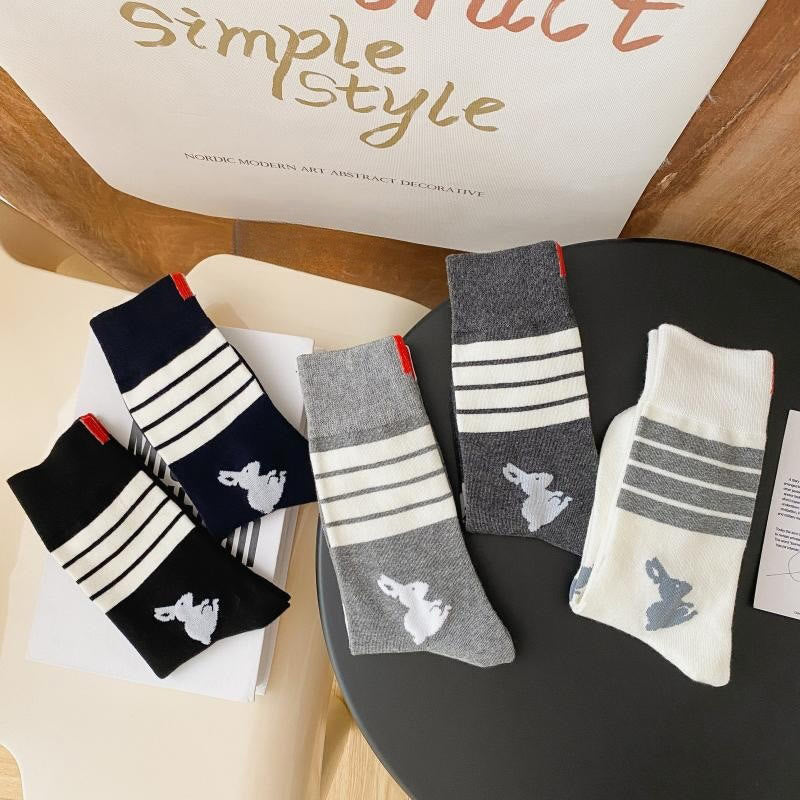 Four Stripe Rabbit Quarter Socks(5 Pairs) - Multicolor - EU36-42(US3-8.5) - image 12