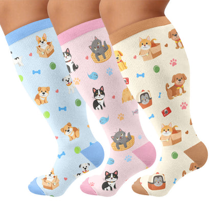 Plus Size Cute Pets Cartoon Compression Socks - Multicolor(3 Pairs) - 4XL - image 1