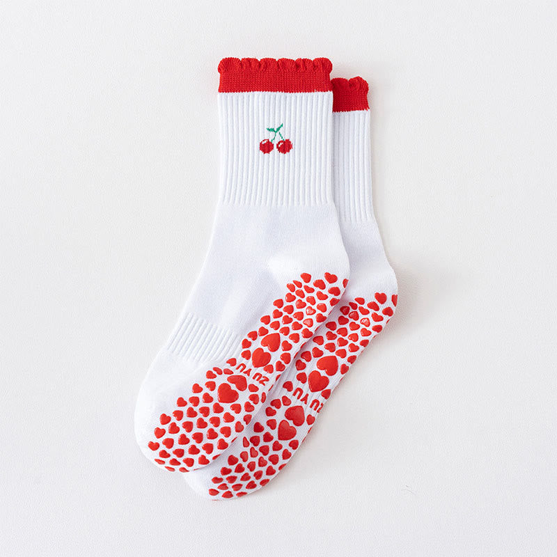 Cherry Heart Bow Avocado Grip Socks(4 Pairs) - Red - EU36-40(US3-7) - image 5