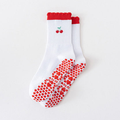 Cherry Heart Bow Avocado Grip Socks(4 Pairs) - Red - EU36-40(US3-7) - image 5