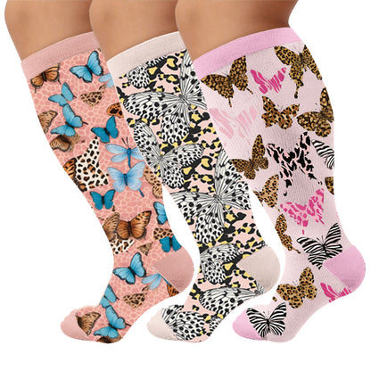 Plus Size Printed Butterfly Pattern Compression Socks - Multicolor(3 Pairs) - 4XL - image 1