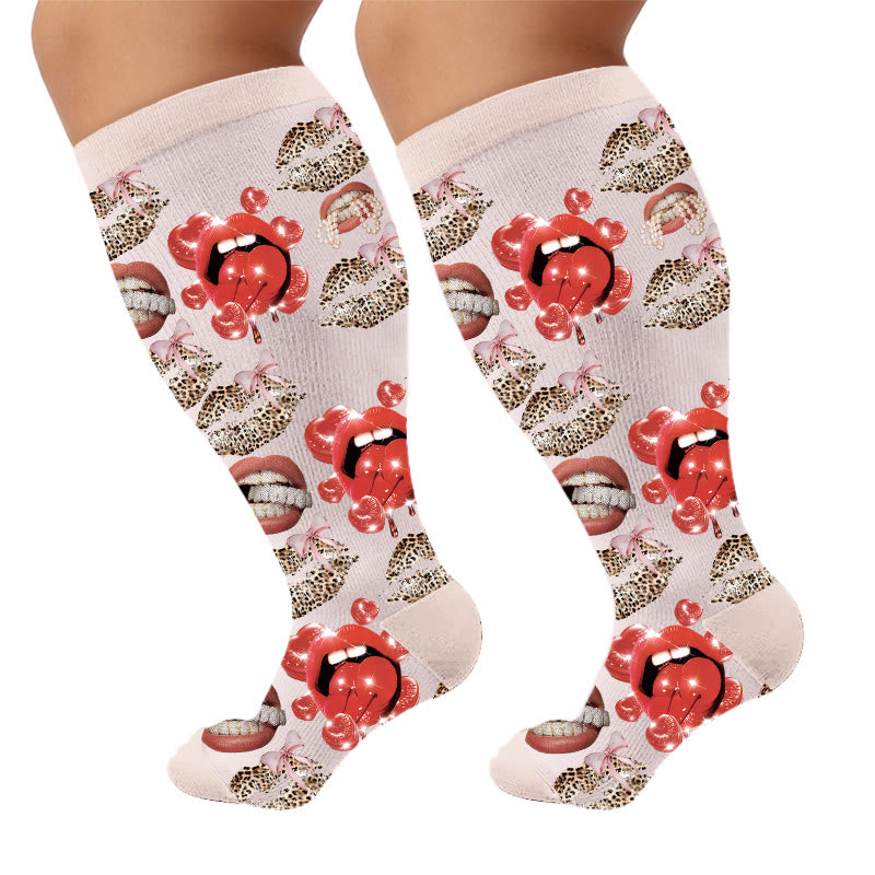 Plus Size Lip Compression Stockings - Lip Print(1 Pair) - 4XL - image 6