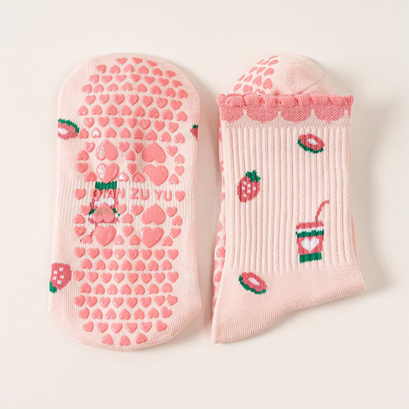 Plusoc Strawberries Coffee Cups Yoga Socks(2 Pairs) - Pink - EU36-40(US3-7) - image 5