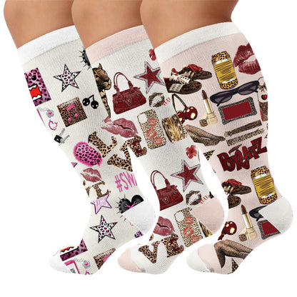 Plus Size Retro Street Print Compression Socks - Multicolor(3 Pairs) - 4XL - image 1