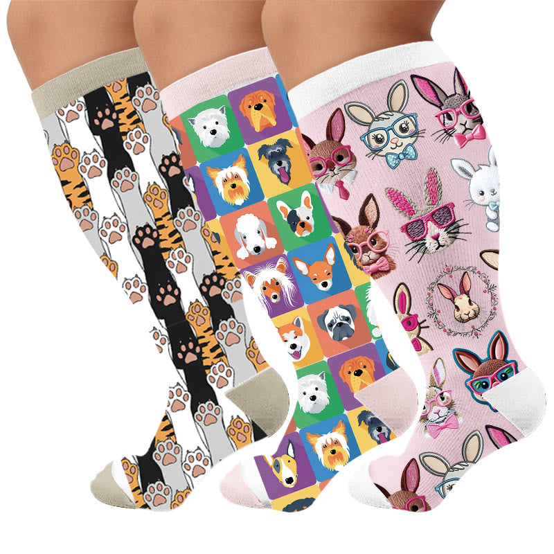 Plus Size Pet Print Compression Socks - Multicolor(3 Pairs) - 4XL - image 1