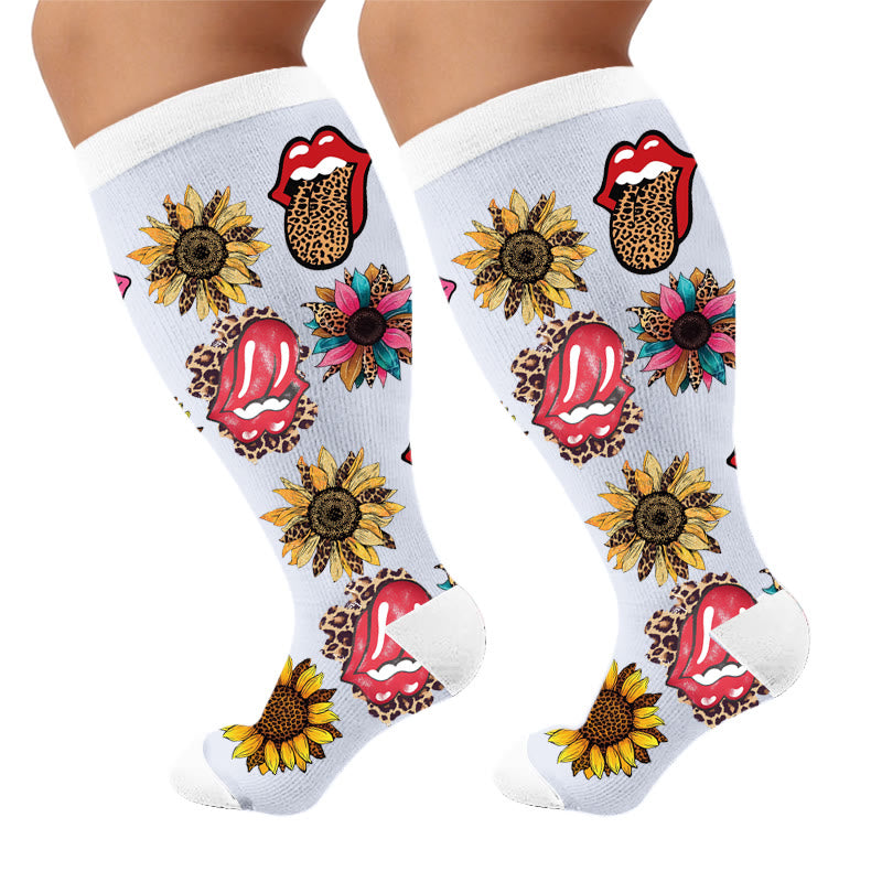 Plus Size Retro Leopard Print Compression Socks - Lip Print(1 Pair) - 4XL - image 5