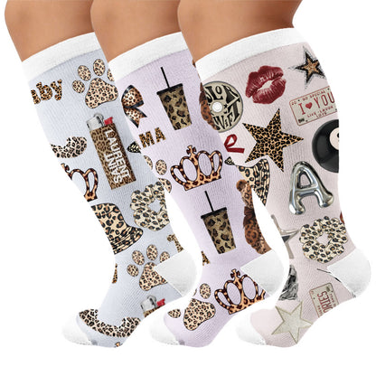 Plus Size Trendy Leopard Print Compression Socks - Multicolor(3 Pairs) - 4XL - image 1